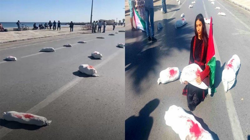 في حركة رمزية : جثامين تجسد أطفال غزة ملقاة في ساحة بوجعفر بسوسة